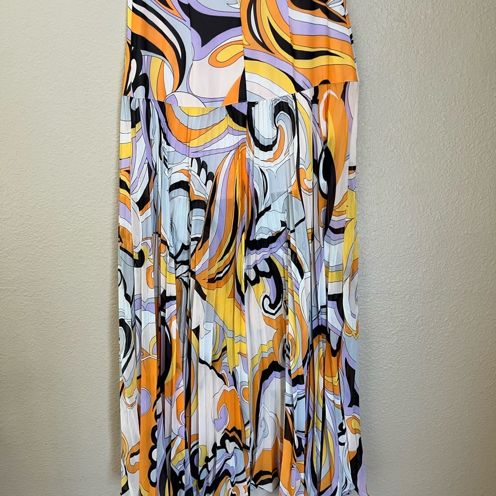 Marciano Orange and Purple Abstract High Low Pleated Flowy Maxi Skirt Size S - Picture 8 of 15